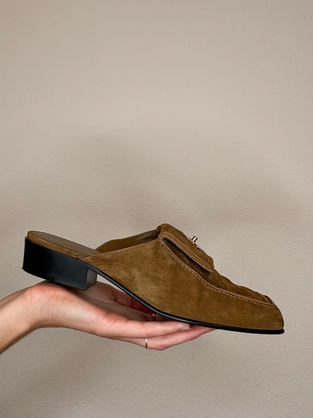 CHANEL Tan Suede Mule Loafers with Gold CC Turnlock Hardware